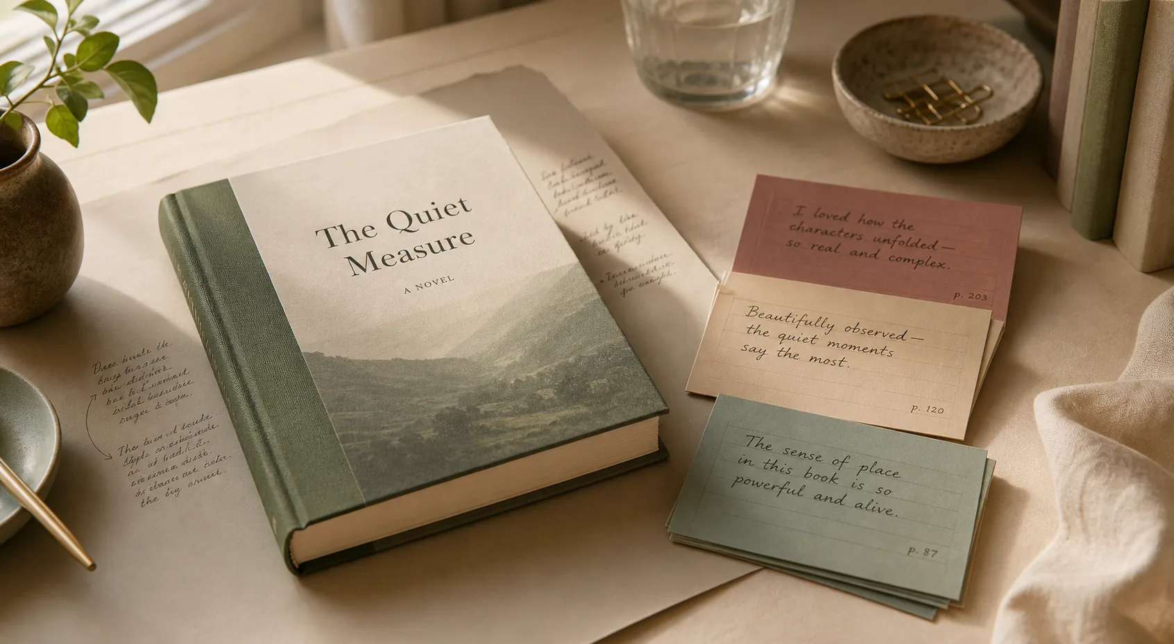 A hardcover book surrounded by handwritten reading notes on a warm editorial desk.